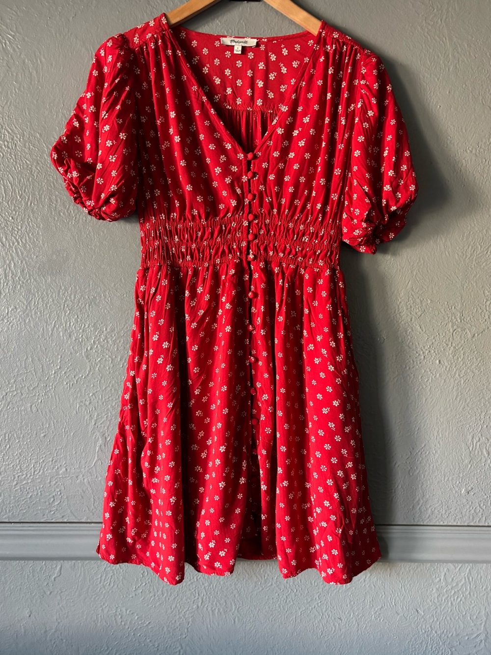 Madewell Red Floral Smocked Puff Sleeve Mini Dress Small - Picture 1 of 10
